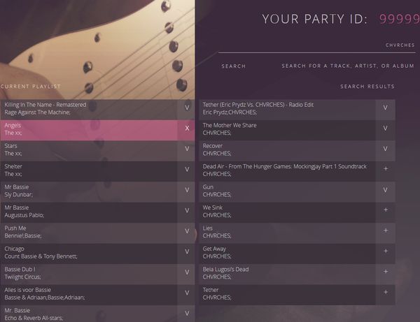 Figure 2. On the dashboard page users are able to search for music in the entire Spotify library through the web API, and add them to the queue; vote for their favourite tracks; or remove tracks from the list.
