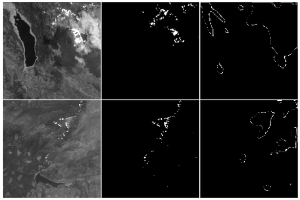 Figure 4. Examples of DNN segmentations of augmented satellite imagery. Shown are the original OLI band 7 image (left), ground truth hot target annotation (middle), and DNN labelling (right).