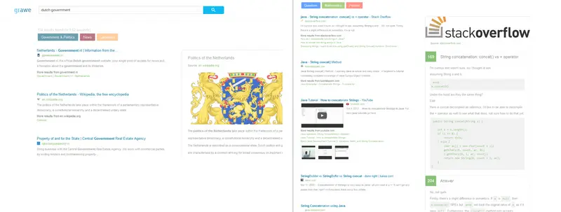 Figure 1. Left: Overview of the different features in the Grawe search engine on a sample query. Right: Example view of the StackOverflow quickinfo box on a sample query.