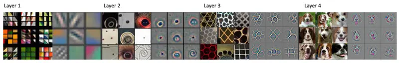 Figure 2. Visualization of features in a convolutional neural network. Activation maps of high scoring layers (right side) are shown for random inputs (left side). Images obtained from: https://arxiv.org/abs/1311.2901.