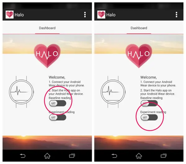 Figure 3. The interface for the mobile application. Left: Baseline reading button highlighted. Right: Experiment reading button highlighted.