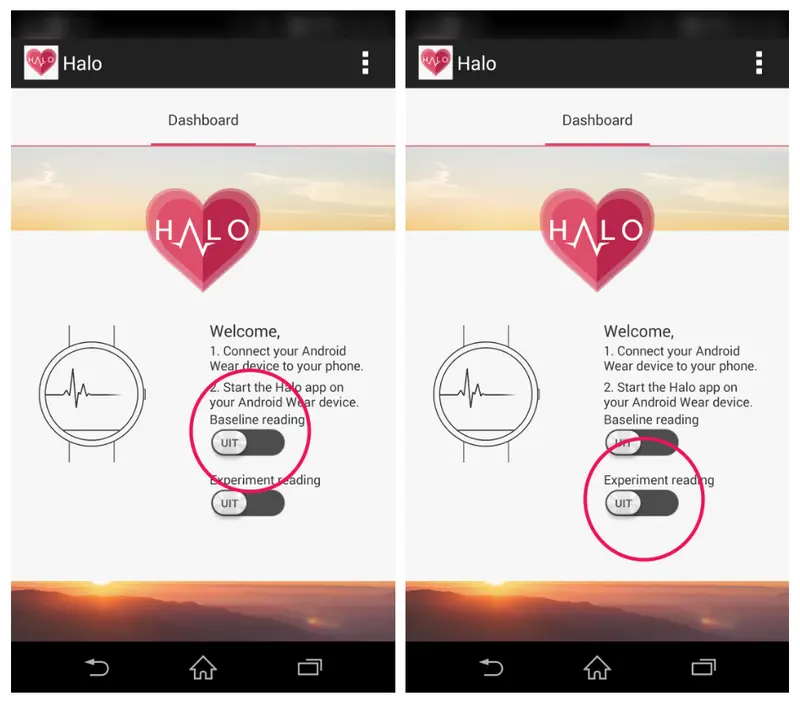 Figure 3. The interface for the mobile application. Left: Baseline reading button highlighted. Right: Experiment reading button highlighted.