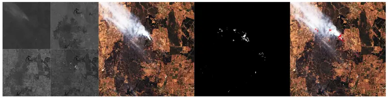 Figure 2. Classification of hot pixels in Landsat 8 data in the vicinity of Adelaide, Australia (LC80970842015004LGN00). a) Landsat 8 spectral bands 2 (top left); 5 (top right); 6 (bottom left); and 7 (bottom right). b) False colour RGB image of bands 2, 3, and 4. c) Binary image of hot pixel classification output by the algorithm proposed by Murphy et al. d) Hot pixels marked in red superimposed on the original false colour RGB image.