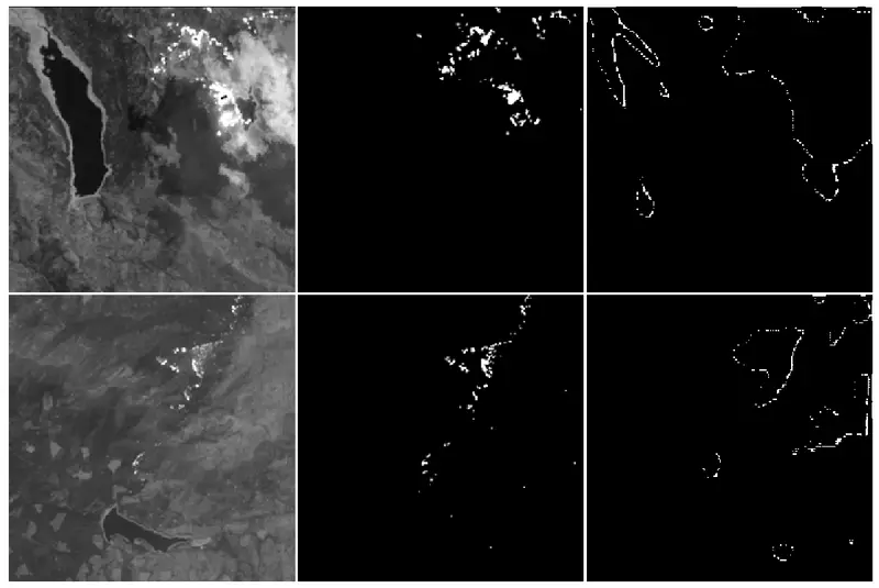 Figure 4. Examples of DNN segmentations of augmented satellite imagery. Shown are the original OLI band 7 image (left), ground truth hot target annotation (middle), and DNN labelling (right).