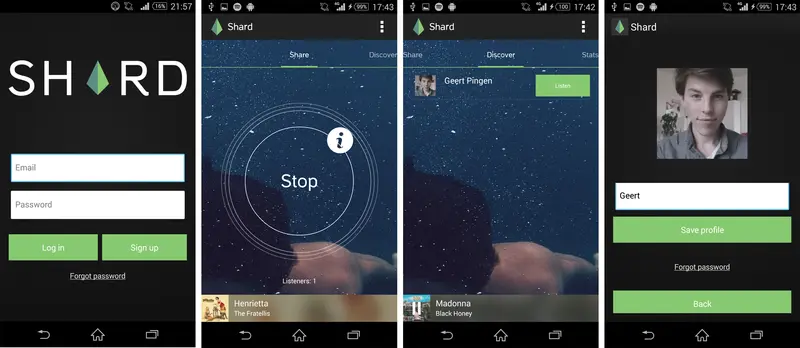 Figure 2. Overview of the app screens. a) Register and login screen. b) Share tab where the user is able to toggle their broadcasting status. c) Discover tab where the user is able to start listening to friends if they are broadcasting. d) Profile editing screen.