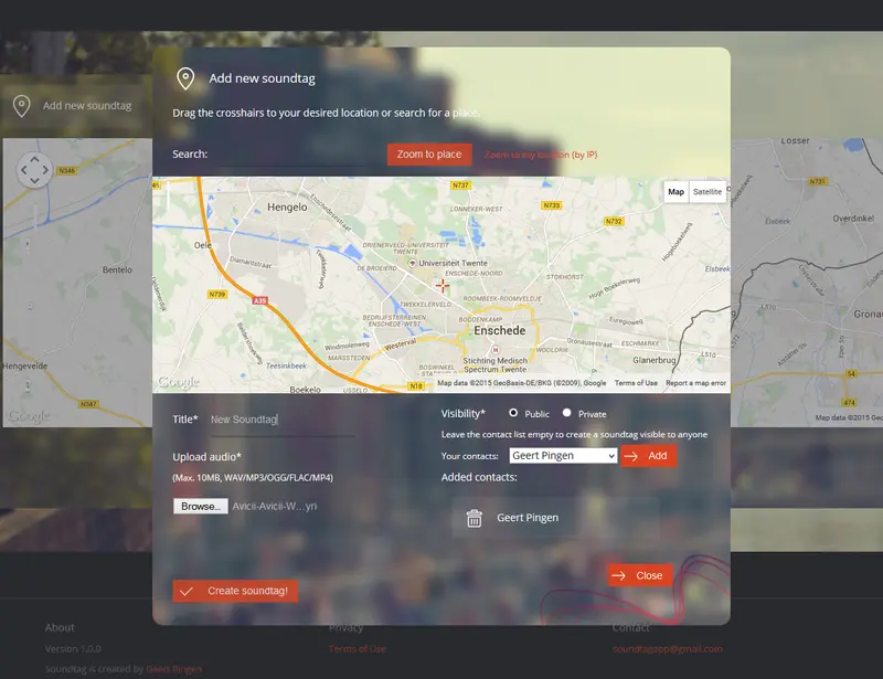 Figure 2. New soundtag dialog. Users are able to drag the map to a position (or search for it manually), select an audio file to upload to that location, and set visibility preferences.