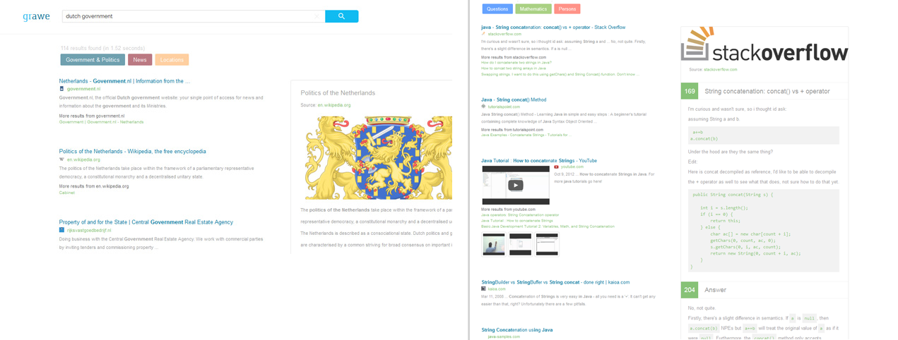 Figure 1. Left: Overview of the different features in the Grawe search engine on a sample query. Right: Example view of the StackOverflow quickinfo box on a sample query.